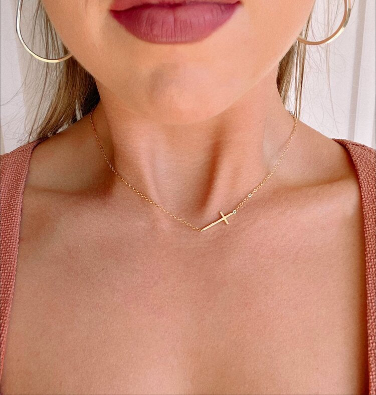 14k Gold Side Cross Chain 14k Gold Dainty Sideways Cross