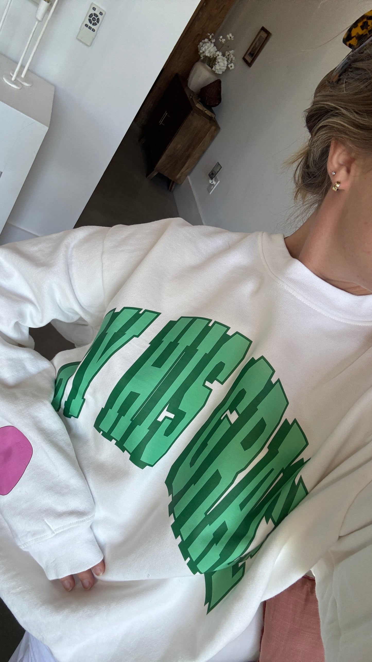 BHG Green Varsity Pullover with Heart Sleeve
