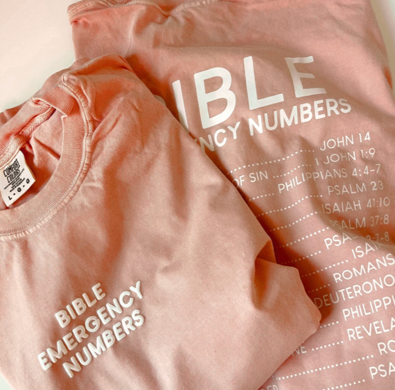 Bible Emergency Numbers Comfort Colors Tee - Peach