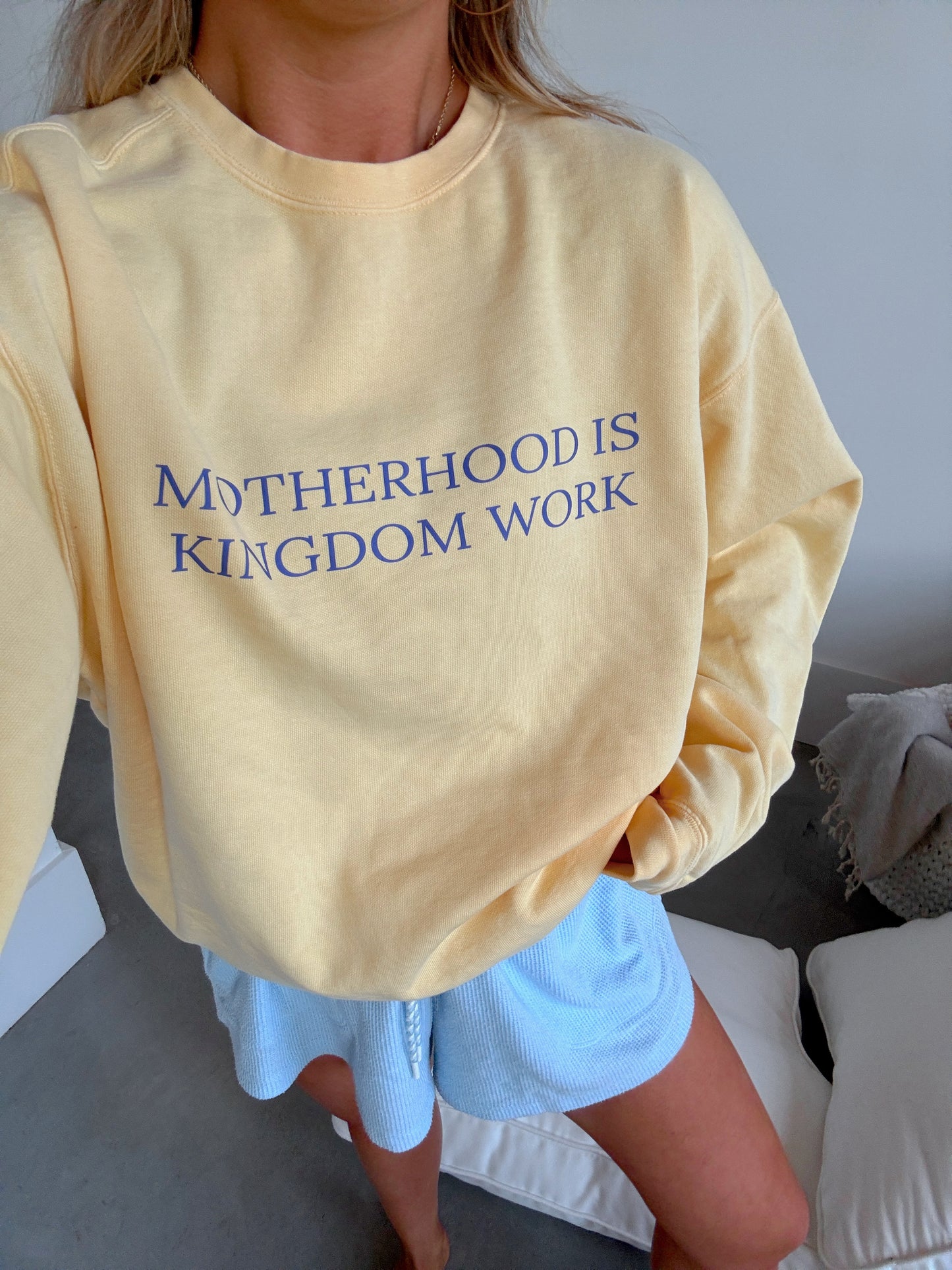 Motherhood is Kingdom Work Comfort Colors Crewneck - Butter/Blue