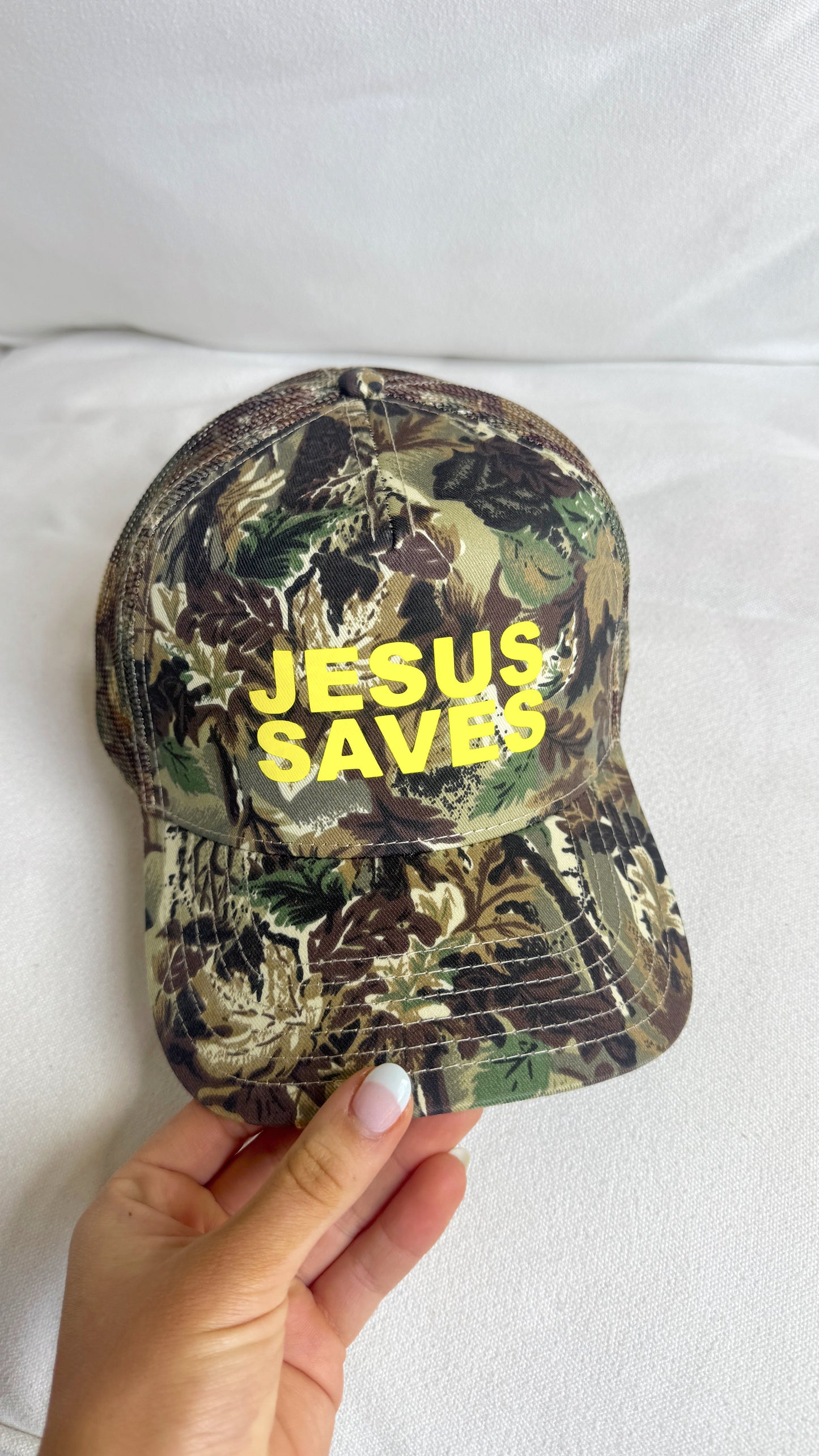 Jesus Saves Vintage Camo Trucker Hat
