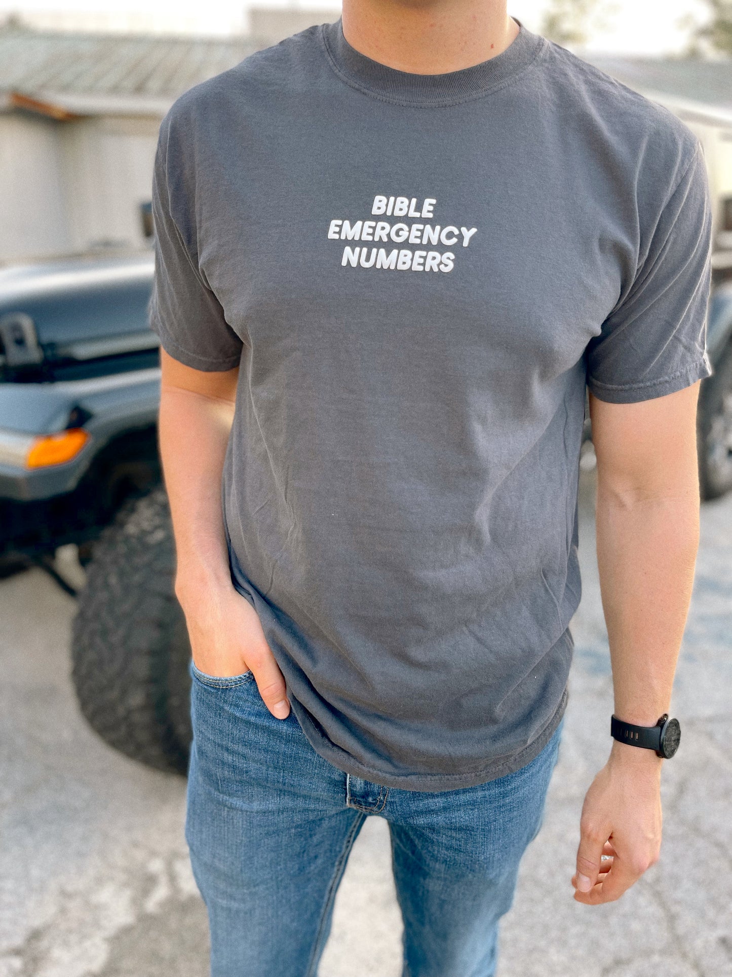 Bible Emergency Numbers Comfort Colors Tee - Graphite Gray