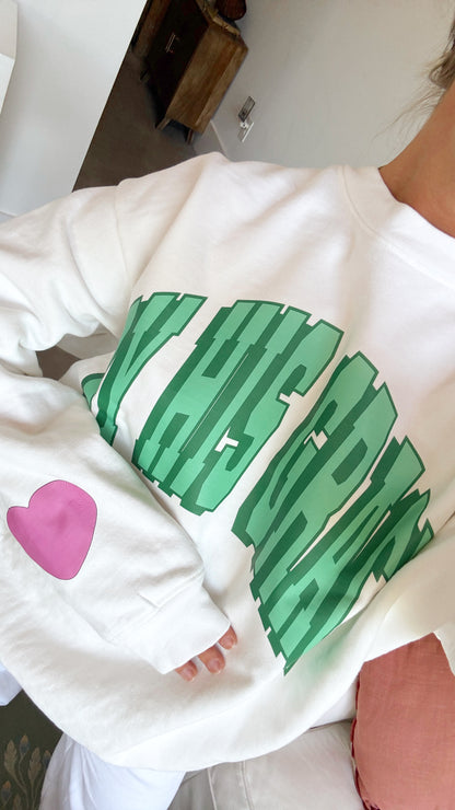 BHG Green Varsity Pullover with Heart Sleeve