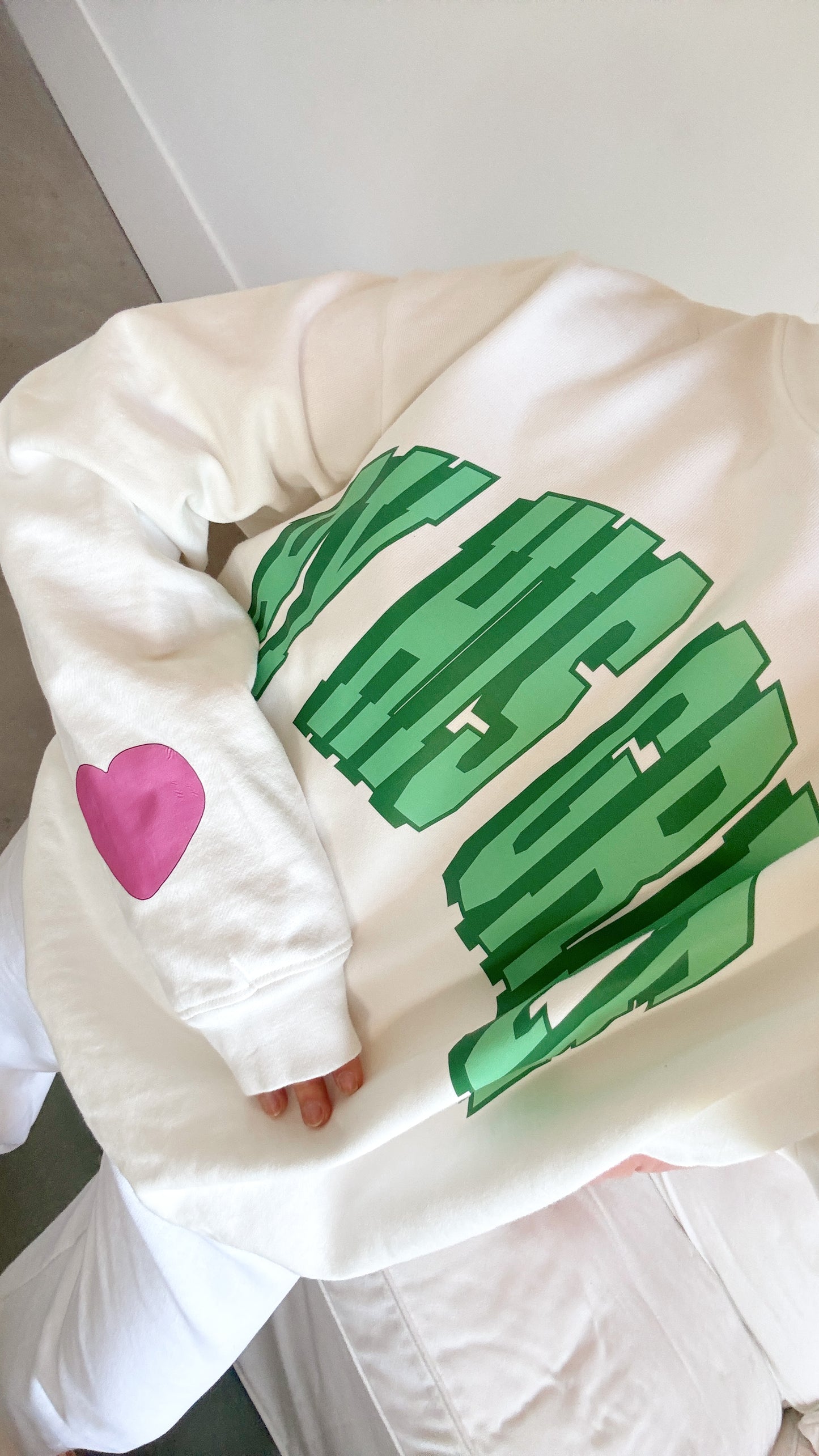 BHG Green Varsity Pullover with Heart Sleeve