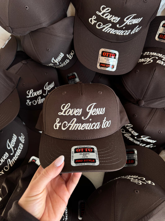 Loves Jesus & America Too Vintage Trucker Hat - Brown/Ivory