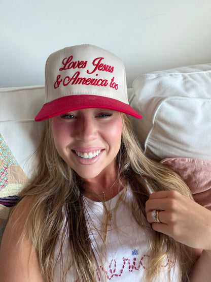 Loves Jesus & America Too Trucker Hat - Red