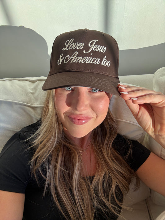 Loves Jesus & America Too Vintage Trucker Hat - Brown/Ivory