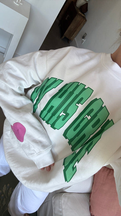 BHG Green Varsity Pullover with Heart Sleeve