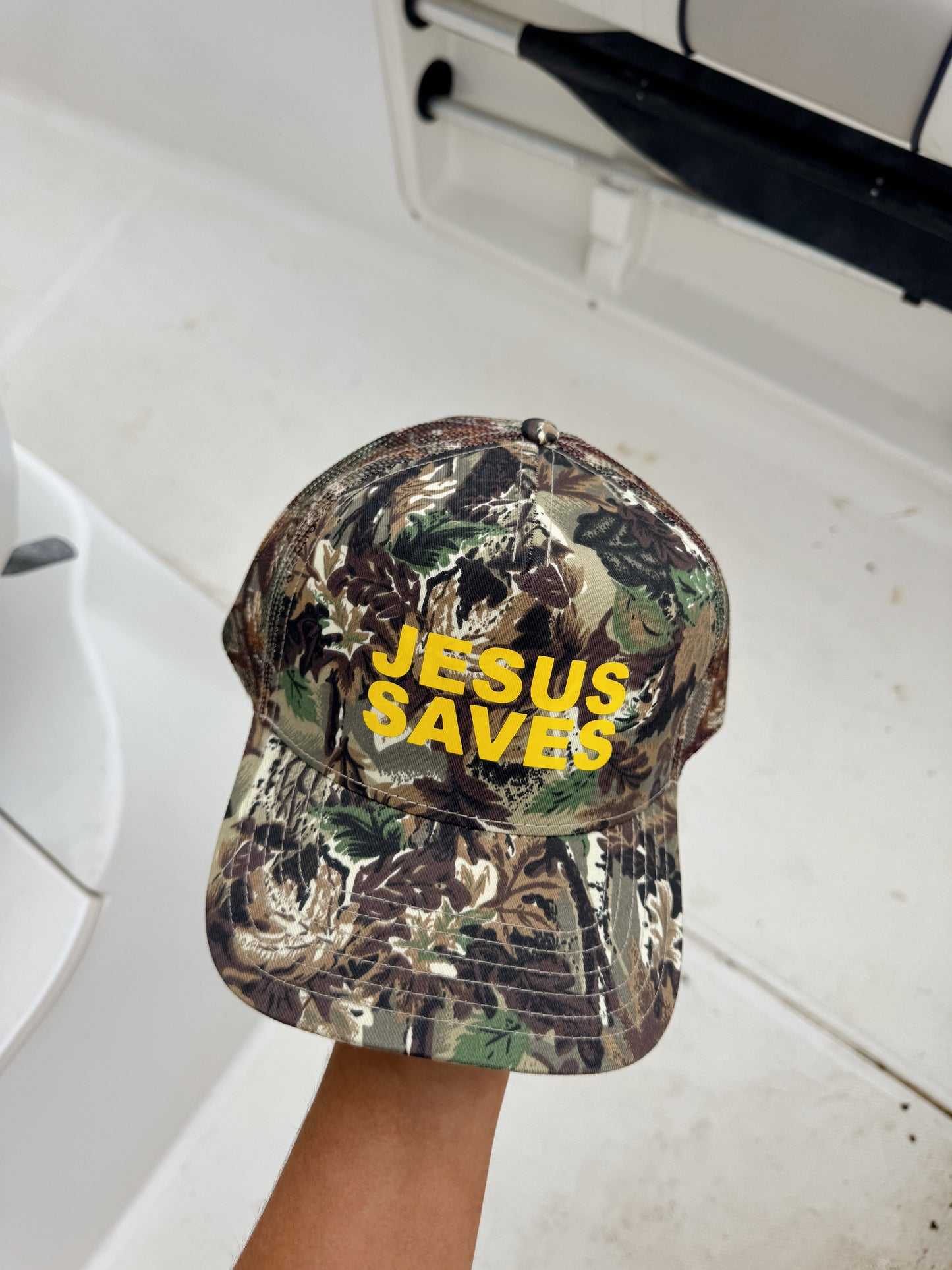 Jesus Saves Vintage Camo Trucker Hat