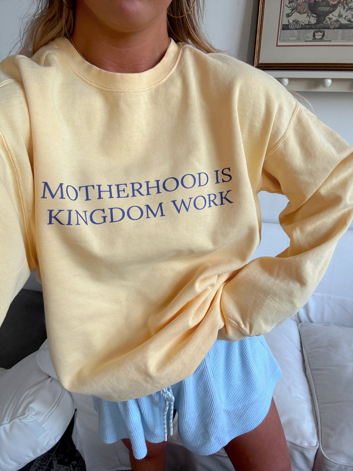 Motherhood is Kingdom Work Comfort Colors Crewneck - Butter/Blue