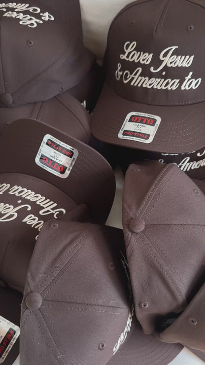 Loves Jesus & America Too Vintage Trucker Hat - Brown/Ivory